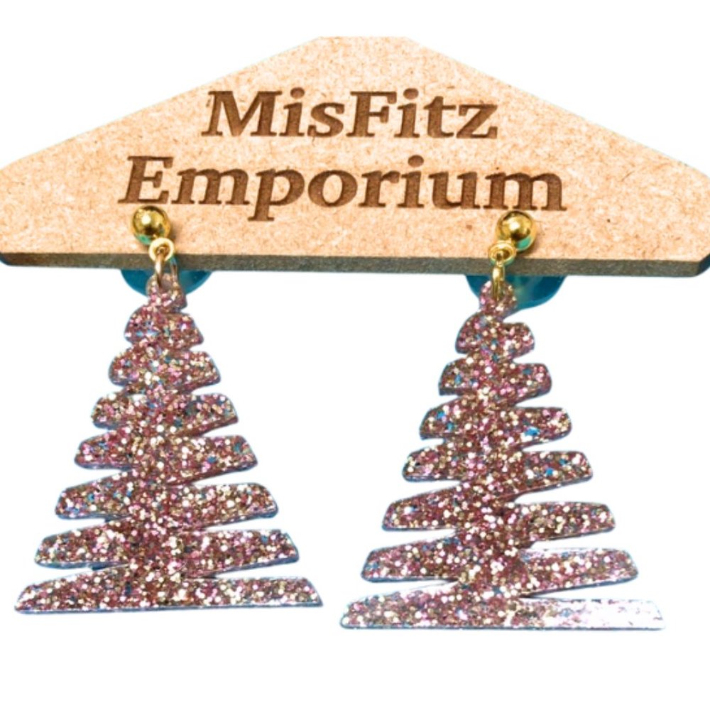 Glittery Rose Gold Christmas Tree Earrings